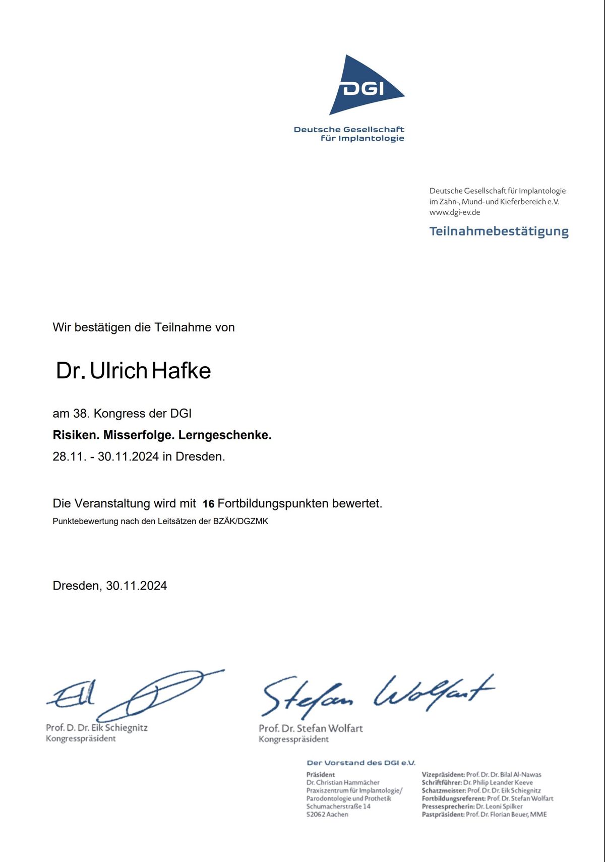 Ein Zertifikat, das Dr. Uschimalla für die Teilnahme am Kurs Risiken. Misserfolge. Lerngeschenke.